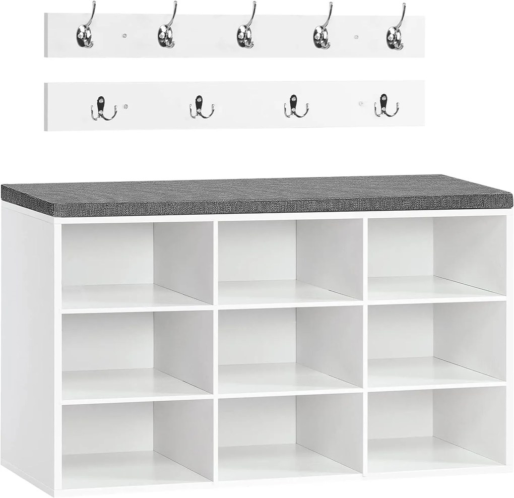 Cipőtároló pad párnázott üléssel és fogas - fehér