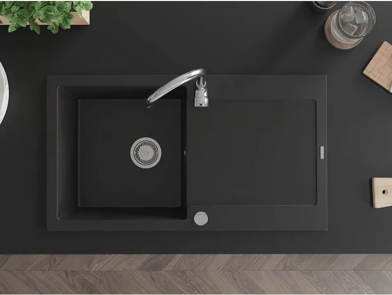 Mexen Leo gránit mosogató 1 tálcás csepegtetővel 900 x 500 mm, fekete, krómozott szifon - 6501901010-77