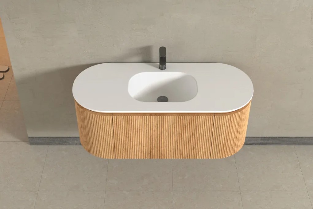 AREZZO design SELINA 120 cm-es ovális Fürdőszoba alsószekrény solid surface mosdóval, tölgy