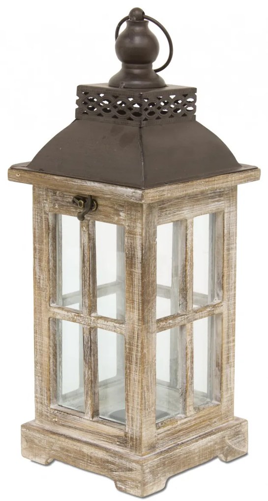 Fából készült fa keretes üvegezett fém fedelű lantern lámpás akasztóval 45x15,5x15,5cm