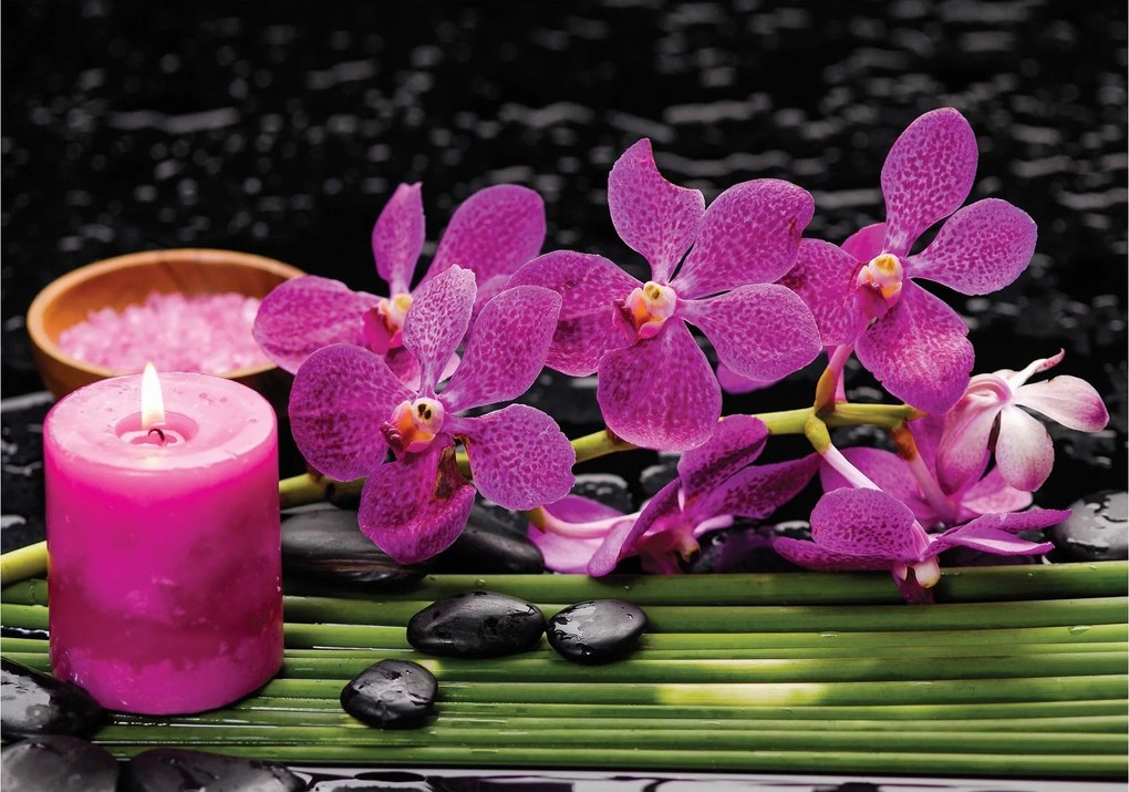 Fotótapéta Orchideák Spa kövek vinil rózsaszín 416x254 relaxáció a falon +ragasztó