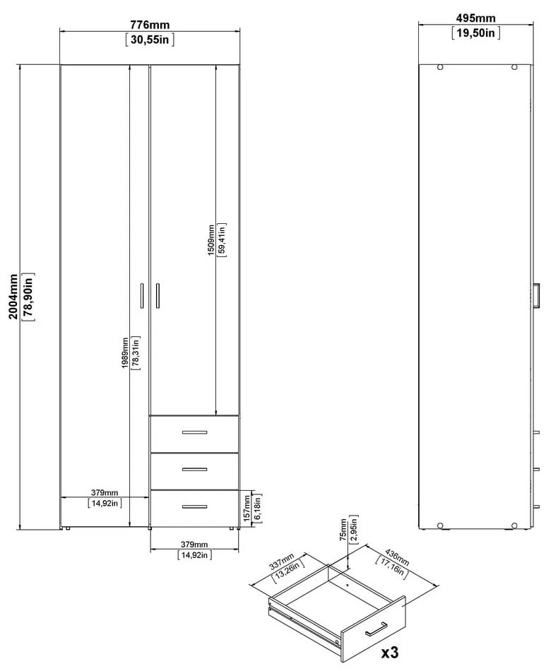 Fehér ruhásszekrény 78x200 cm Space – Tvilum