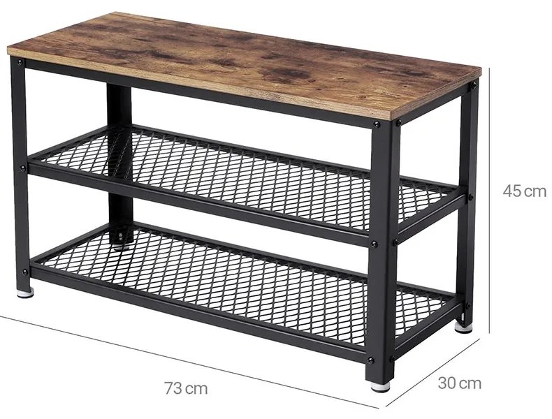 Vasagle INDY előszobai pad cipőtartóval, 73x30x45cm, barna/fekete