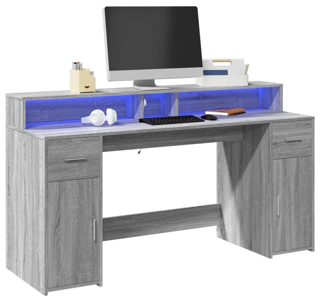szürke sonoma színű szerelt fa íróasztal LED-ekkel 160x55x91 cm