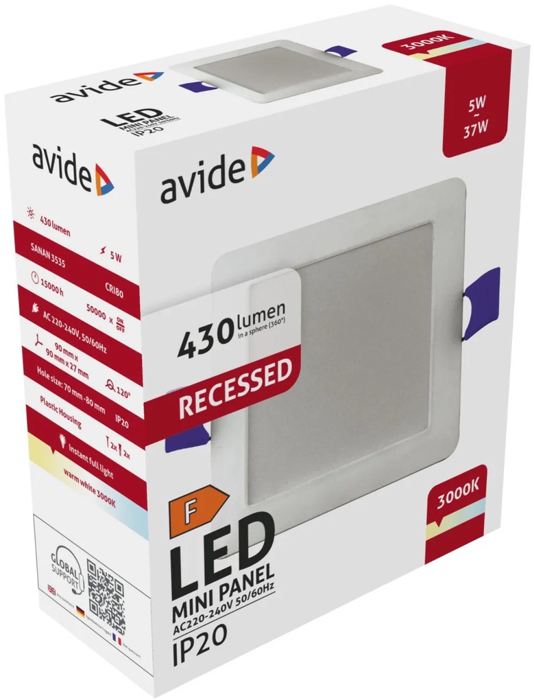 AVIDE AMRPWW-S-5W-PC mennyezetbe építhető led panel 1X5W 430LM 3000K 95X95mm IP20