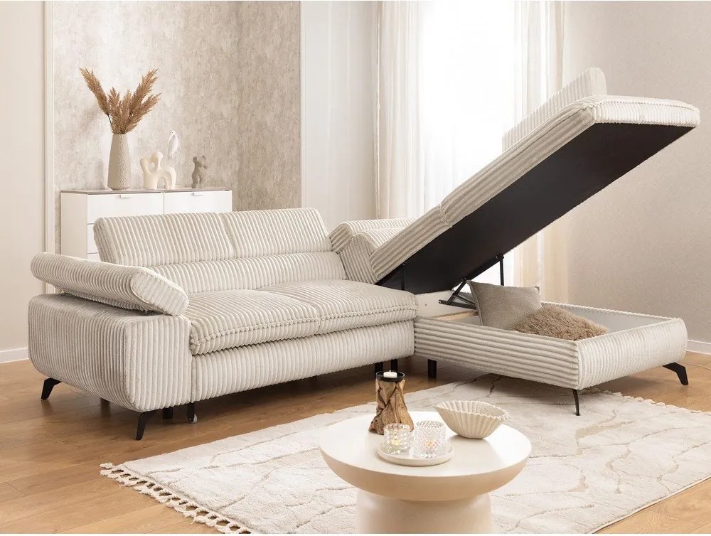 Krémszínű kordbársony sarokkanapé (jobb oldali-L alakú) Marbeya – Ropez