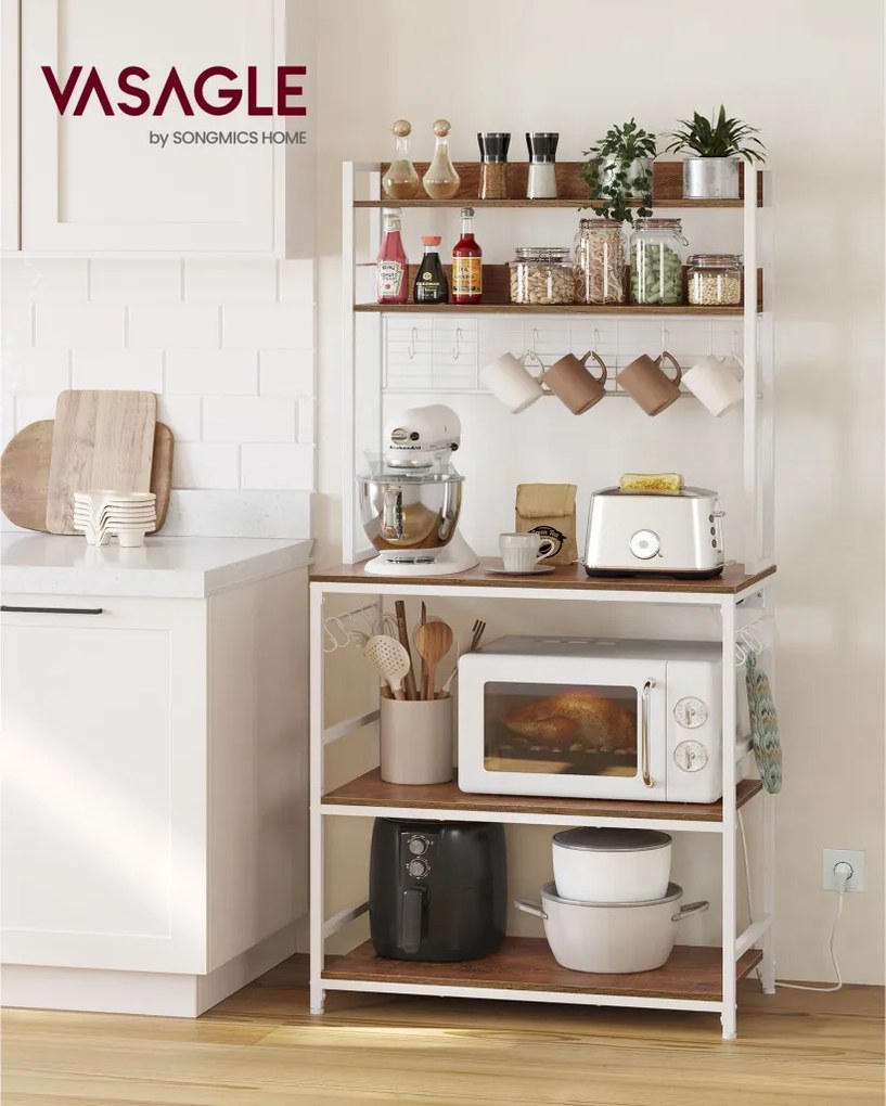 Konyhai állvány polcokkal, 14 akasztóval, rusztikus barna, fehér és 80x40x170cm