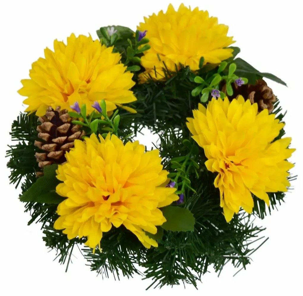 Őszi virágokkal díszített koszorú mindenszentekre 20 cm, sárga