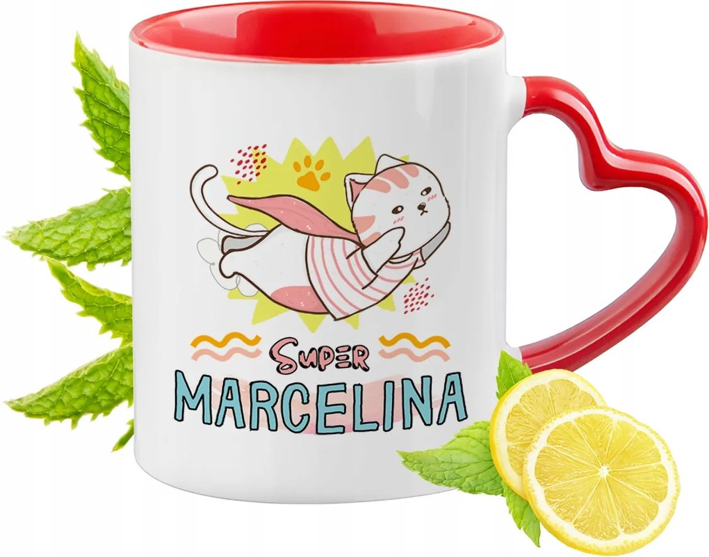 Piros bögre szív alakú füllel Marcelinának Ajándék