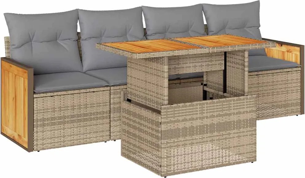 vidaXL 5 részes bézs polyrattan és akácfa kerti ülőgarnitúra párnákkal