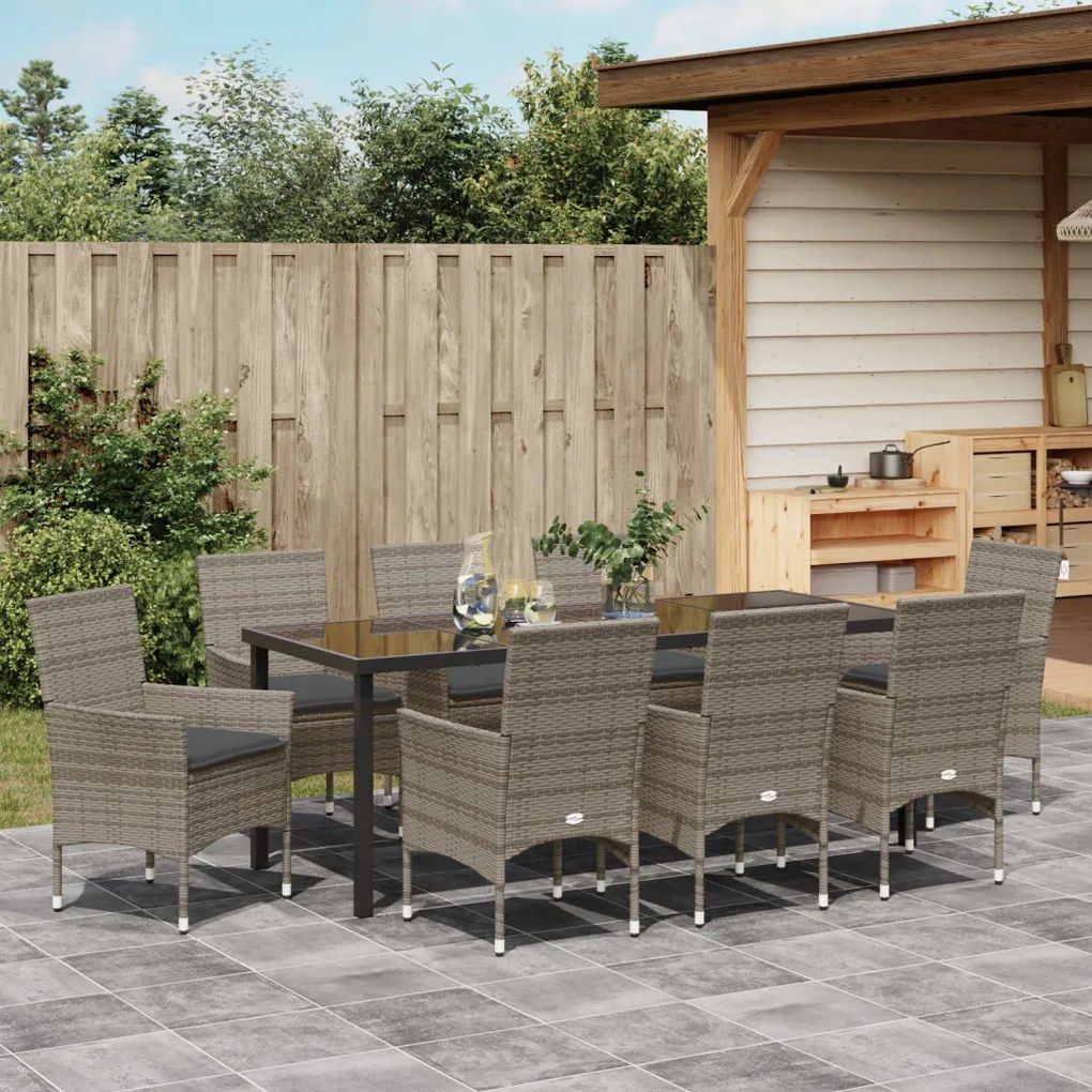 9 Fős Kerti Étkezőgarnitúra Párnákkal Szürke Poli Rattan, Kerti Asztal Fekete 200x80x73 cm Edzett Üveg