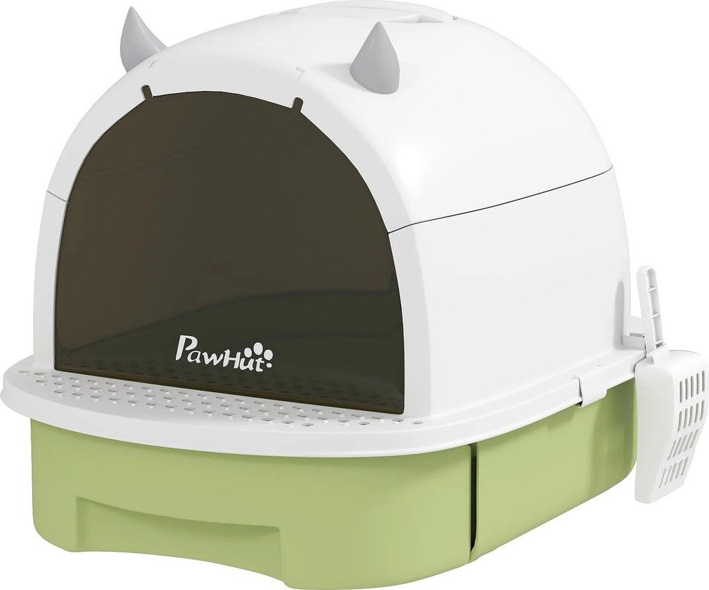 PawHut Zárt Macskaalom Tartó Macskaalom Tálca Levehető Fedéllel, Levehető Tálcával, Szénszűrővel, Lapáttal és Felülfogóval 40.5x52x39 cm Fehér és Zöld