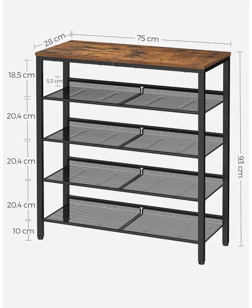 Cipőtároló polc 4 fém hálós polccal, rusztikus barna 93×75×30cm