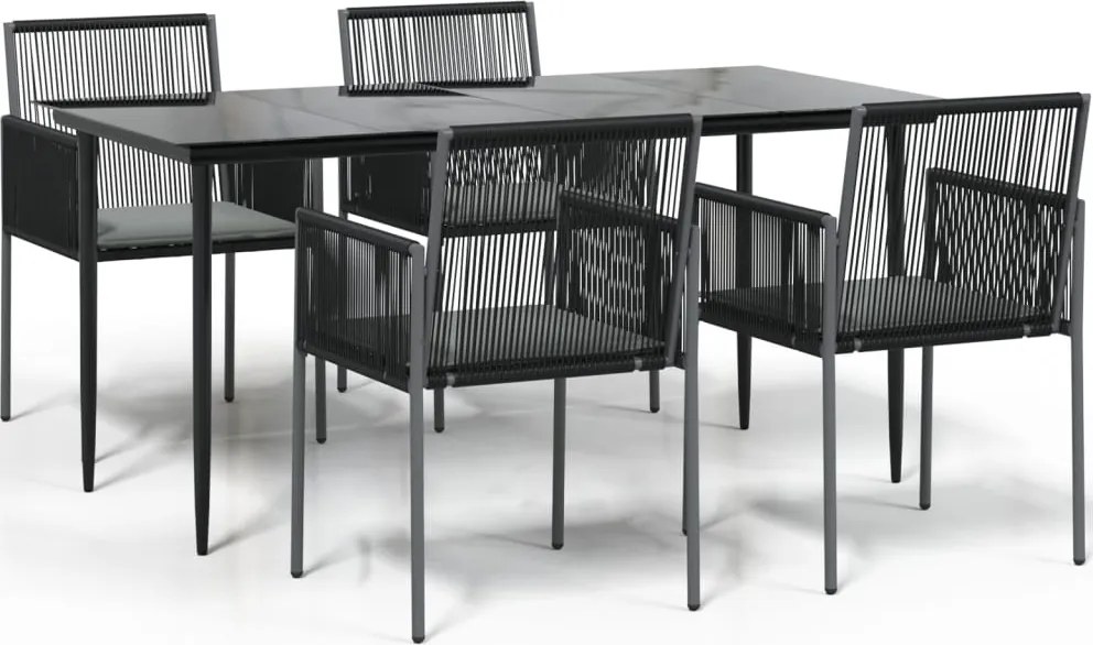 vidaXL 5 részes fekete polyrattan és acél kerti étkezőszett párnákkal