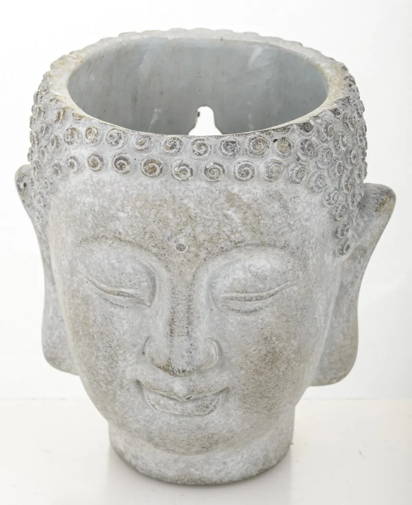 Cyrus design kerek buddha arcot ábrázoló szürke cement virágtartó váza 13,5x12x11cm