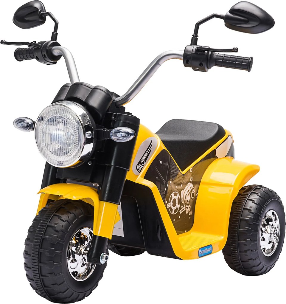HOMCOM Elektromos Gyerekmotor 3 Kerekű 18-36 Hónapos Gyerekeknek Akkumulátoros Tricikli 6V Fényszóróval és Kürttel 72x57x56 cm Sárga | Aosom