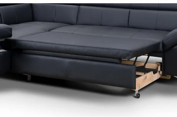 Fekete, balos, bőrkárpitos, L-alakú SALERNO II sarokkanapé, ággyá nyitható