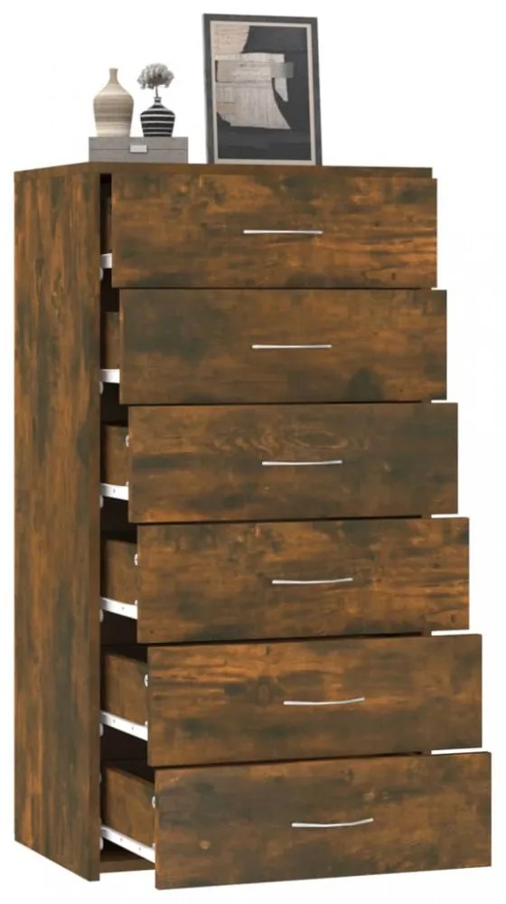 füstös tölgy színű szerelt fa komód 6 fiókkal 50 x 34 x 96 cm