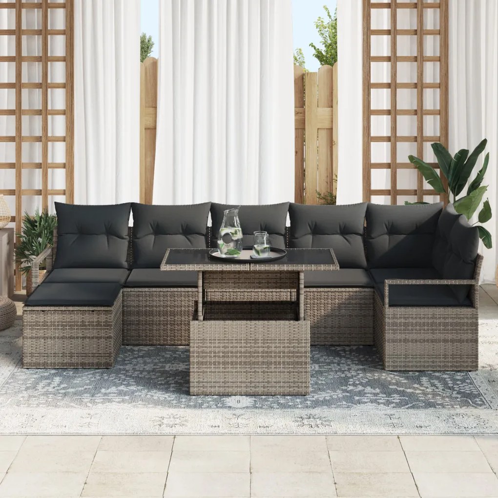 8 Részes Kerti Sofa Szett Párnákkal Szürke Poli Rattan