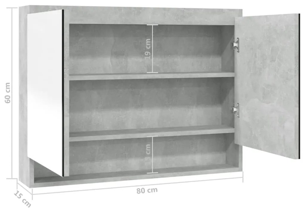 betonszürke MDF tükrös fürdőszobaszekrény 80 x 15 x 60 cm