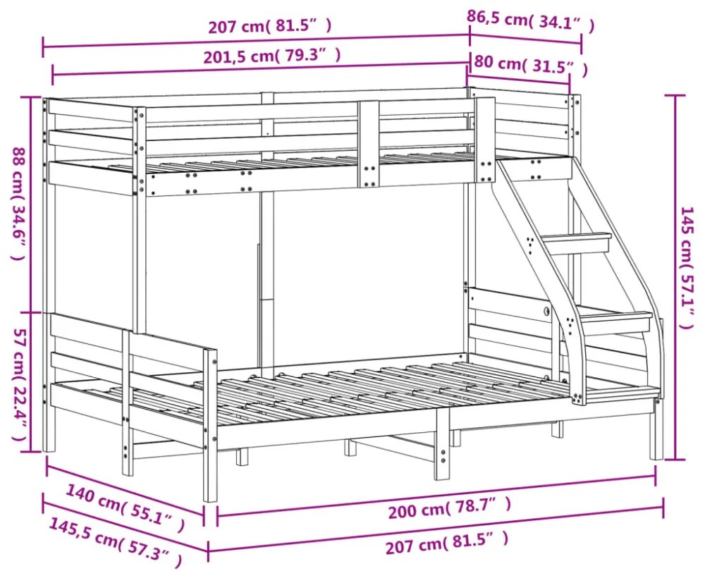 fehér tömör fenyőfa emeletes ágy 80 x 200/140 x 200 cm