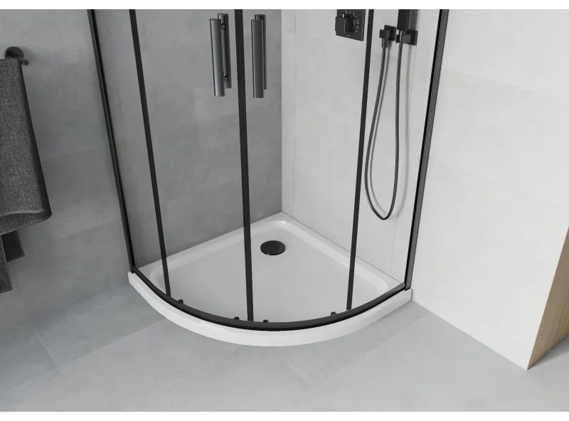 Mexen Rio, negyedkör alakú zuhanykabin tolóajtóval 90 x 90 cm, 5mm átlátszó üveg, fekete profil + fehér zuhanytálca, 863-090-090-70-00-4110B