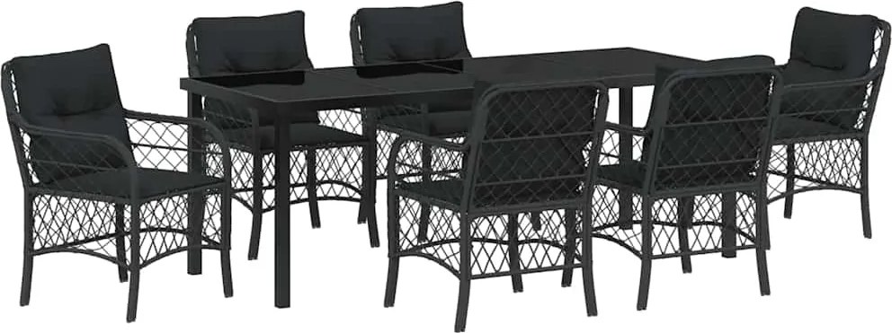 vidaXL Kert étkező szett párnával 7 pcs Fekete polirattan