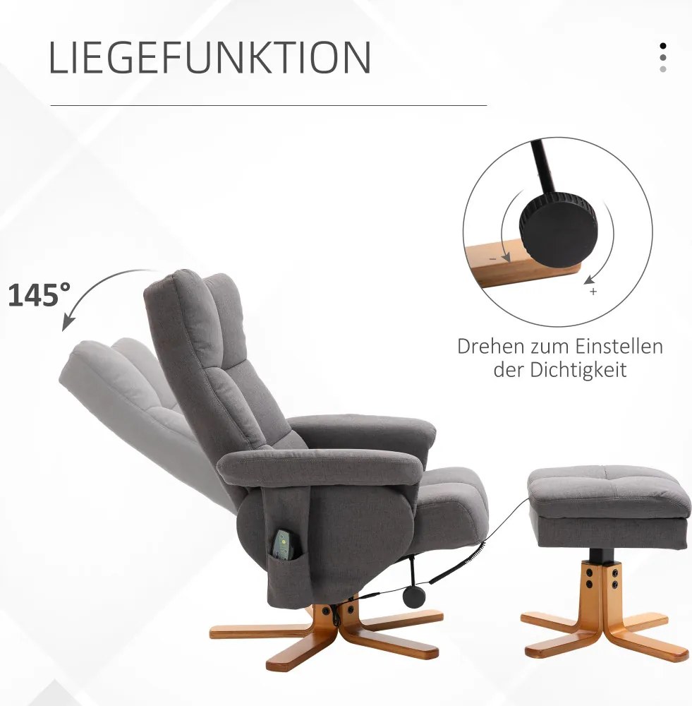 Masszázsfotel lábtámasszal, 10 pontos elektromos masszázsfunkcióval, dönthető, szürke