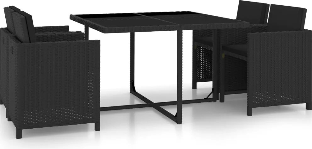 vidaXL 5 részes fekete polyrattan kültéri étkezőszett párnákkal