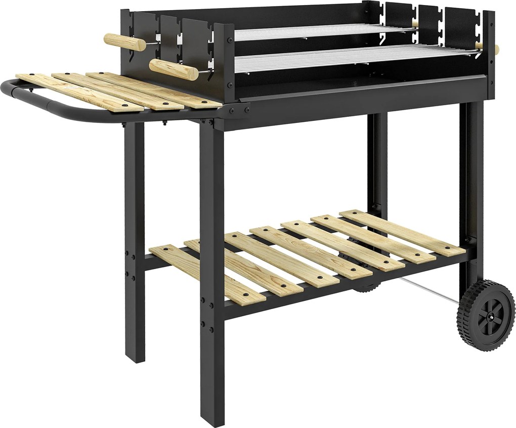 Outsunny Szénbarbecue Grill Állítható Két Grillezővel, 2 Kerekével és 2 Polccal, méret: 113L x 53.5W x 82.5H cm, Fekete | Aosom