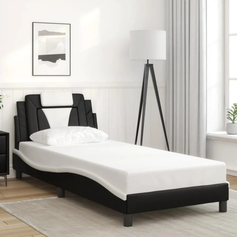 fekete és fehér műbőr ágykeret LED-világítással 90 x 200 cm