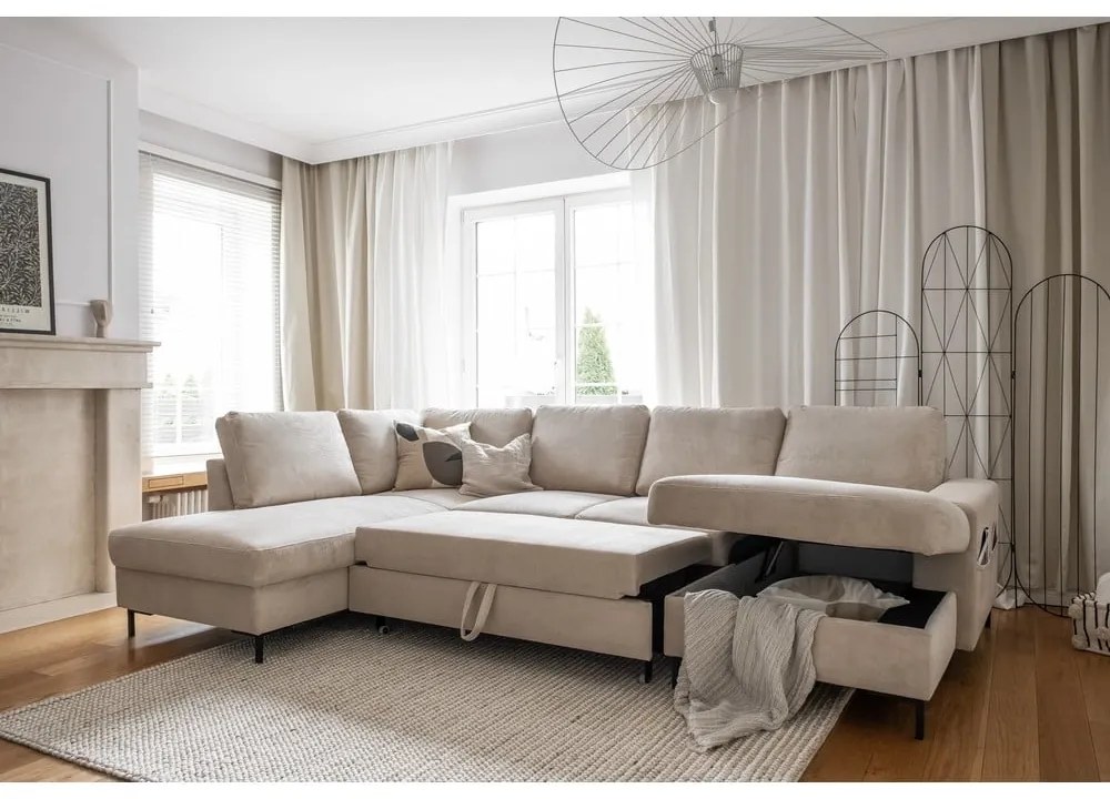 Bézs kordbársony kinyitható sarokkanapé (bal oldali) Lofty Lilly – Miuform