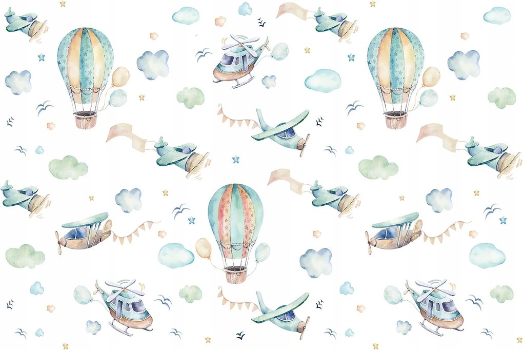 Tapéta Repülőgépek Léggömbök Felhők fehér háttérrel a gyerekszobába 208x146 +ragasztó