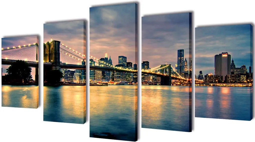 vidaXL Nyomtatott vászon falikép szett Brooklyn híd a folyóval 200 x 100 cm