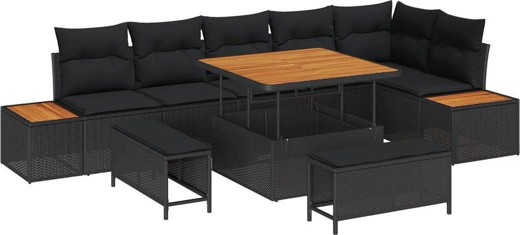 vidaXL Kerti Kanapé Szett párnával tárolóval 9 pcs Fekete Poli rattan