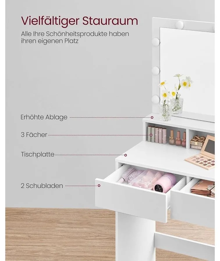 Fésülködőasztal, pipereasztal 9 LED izzóval, fehér