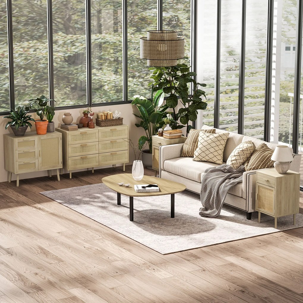 HOMCOM 6 fiókos tárolószekrény fonott előlappal, 110L x 40W x 75H cm, világos fa hatás | Aosom