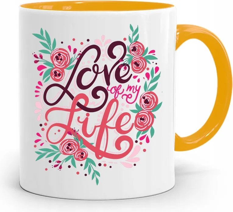 Sárga Bögre Valentin Napra Love My Life Ajándék fényképes nyomtatással