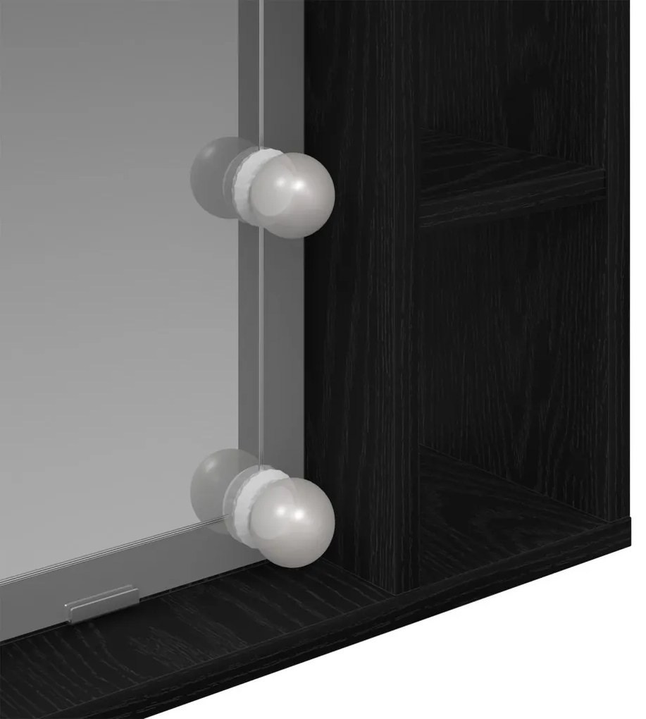LED Tükör Szekrény - Fekete Tölgy - 76x15x55 cm - Mesterséges Fa