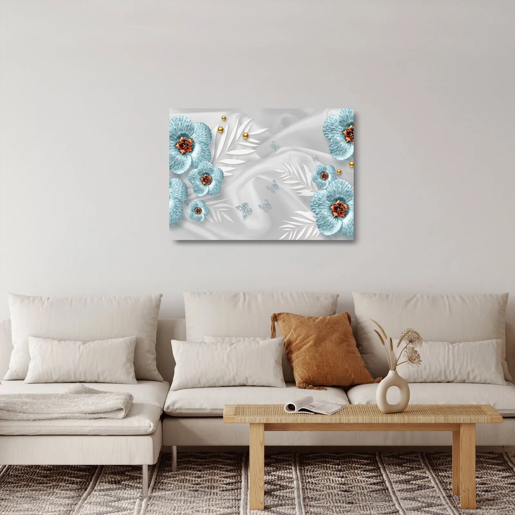 Kép - 3D kék virágok (üvegen) (70x50 cm)