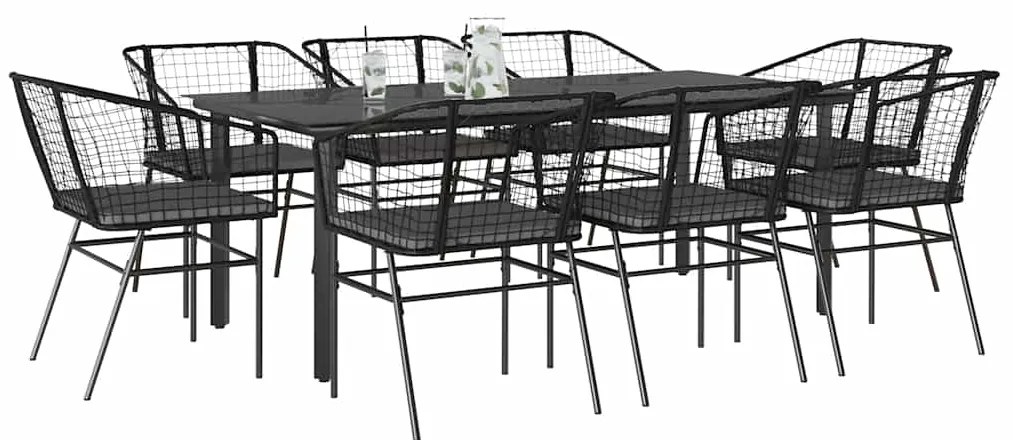 vidaXL 9 részes fekete polyrattan üveg kerti étkezőgarnitúra párnákkal