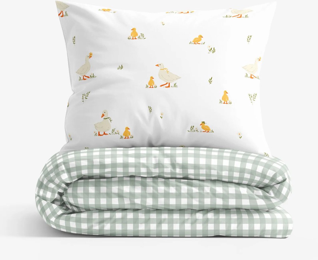 Goldea pamut ágyneműhuzat - kacsák és kockás zsálya színű 140 x 220 és 70 x 90 cm