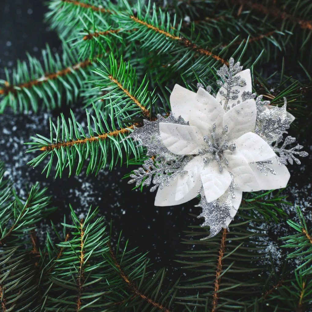 Karácsonyi dekoráció Poinsettiaszilvesztervirággal, ezüst, 6 darabos szett