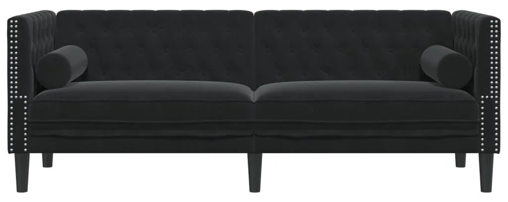 3 személyes fekete bársony Chesterfield kanapé hengerpárnákkal