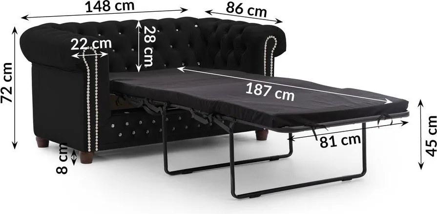 Fekete bársony kinyitható kanapé 148 cm York Blik – Ropez