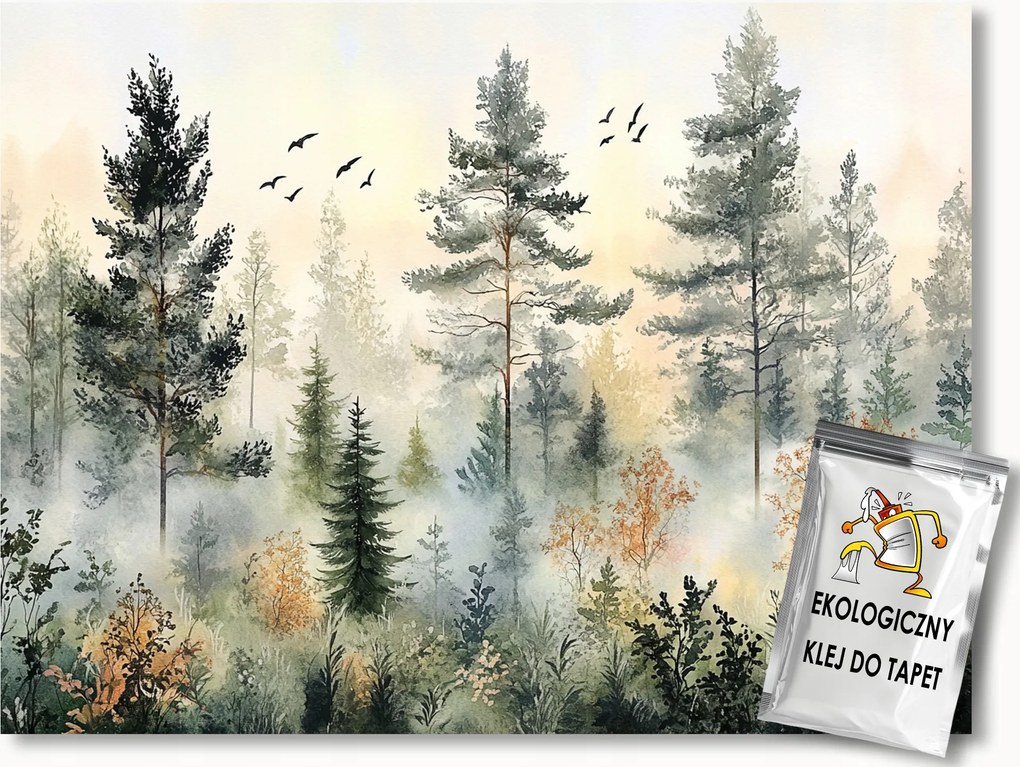 Fotótapéta Flizelina Akvarell Tájkép Erdő Fák Köd Nap 416x254 ragasztó