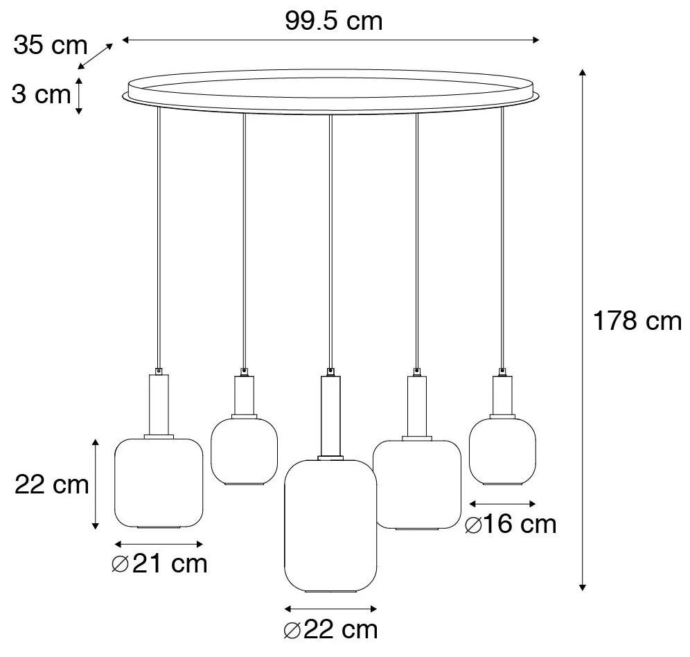 Függőlámpa fekete arannyal és füstüveggel ovális 5-lámpás - Zuzanna