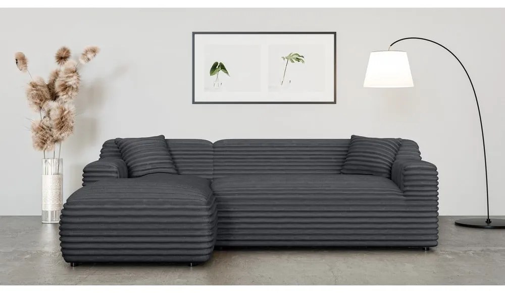 Sötétszürke kordbársony sarokkanapé (bal oldali-heverő résszel) Martin – Ropez