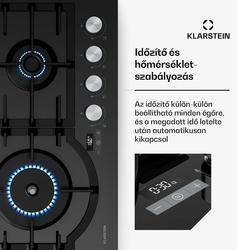 Klarstein Ignito gázfőzőlap, 8 kW, öntöttvas tartókkal, időzítő, hőmérsékletszabályozás