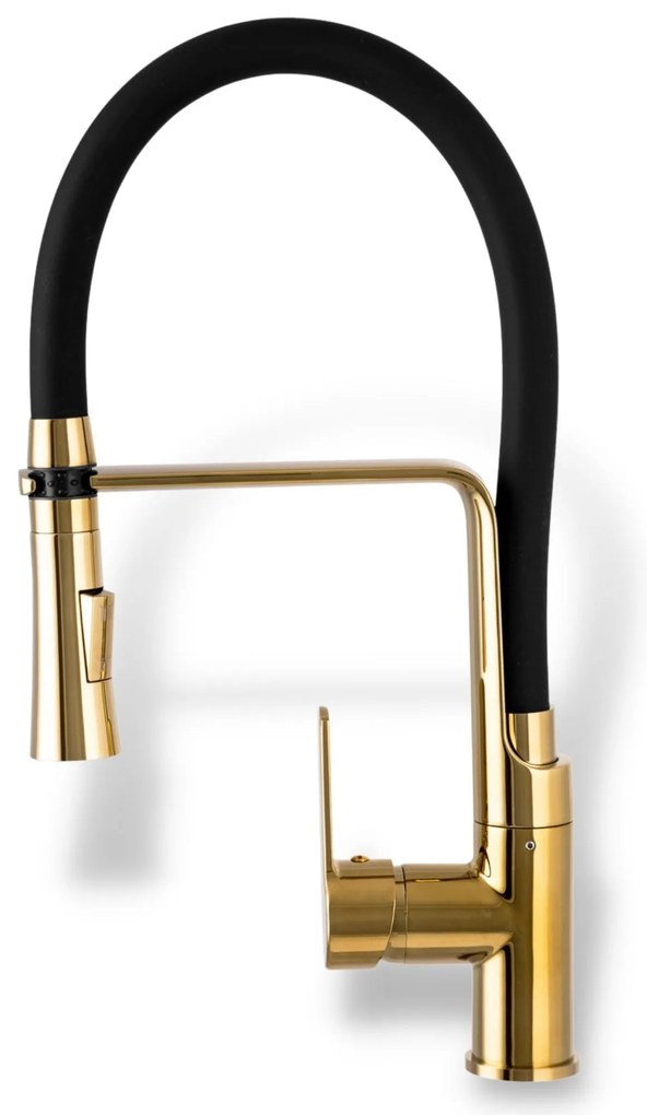 Gamma Vegas, szabadon álló magas konyhai csaptelep rugalmas karral és spray-vel, fekete matt-arany fényes, GMA-BVSK-GD
